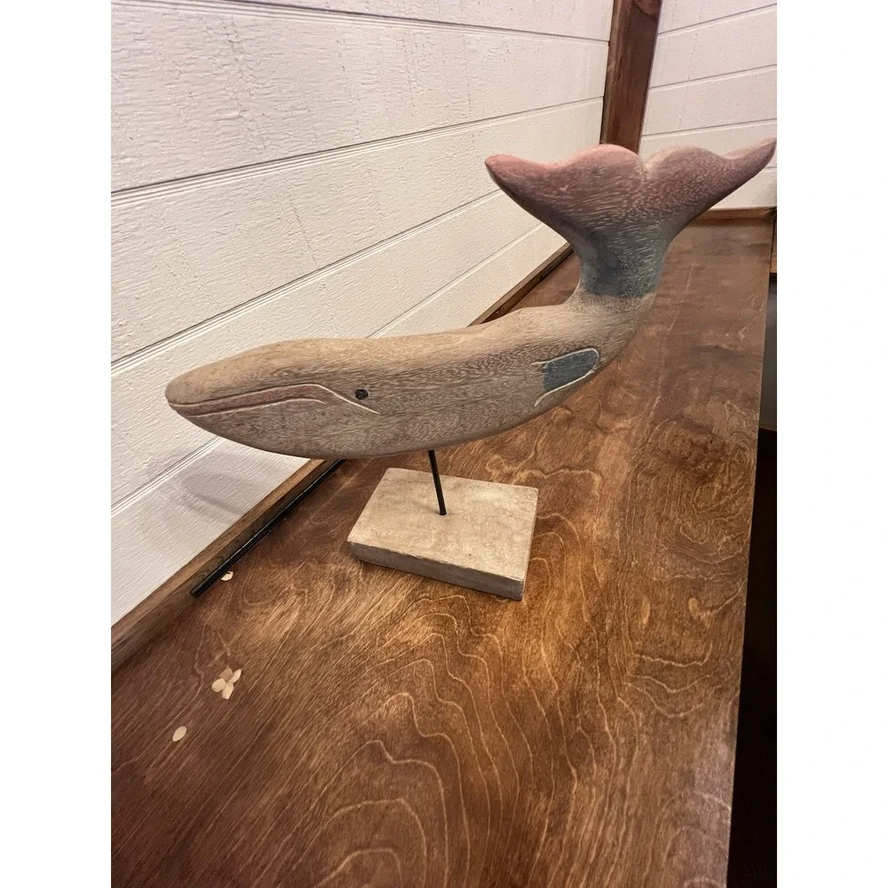 Hand carved Whitewashed Wooden Sperm Whale Figurine On A Wooden Stand & Base